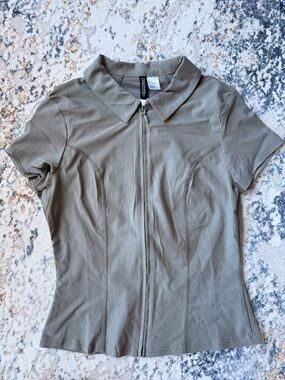 Olive Short-Sleeve Zip Front Polo Top